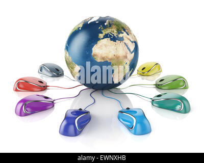 3d rendering of colorful glossy computer mouses connected to a globe Earth. Elements of this image furnished by NASA Stock Photo