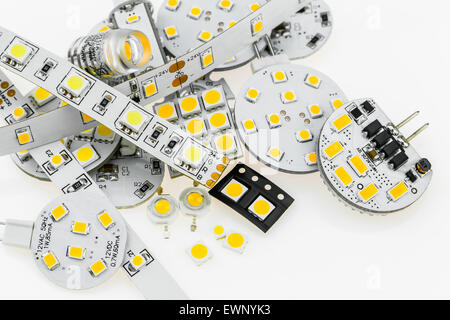 several G4 LED bulbs with different electronics and LED strips and various SMD chips Stock Photo