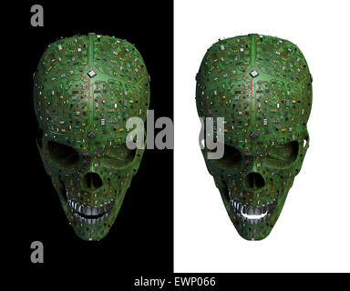 Malware skull, 3D render of skull made of computer circuit board, isolated on black and white Stock Photo