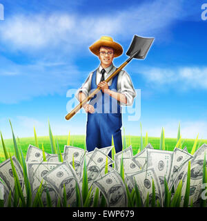 Businessman holding shovel growing money on his field Stock Photo