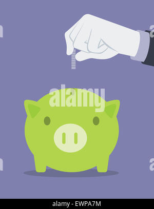 Businessman inserting coin into piggy bank Stock Photo