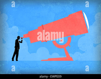 Man looking through telescope to check market trend Stock Photo