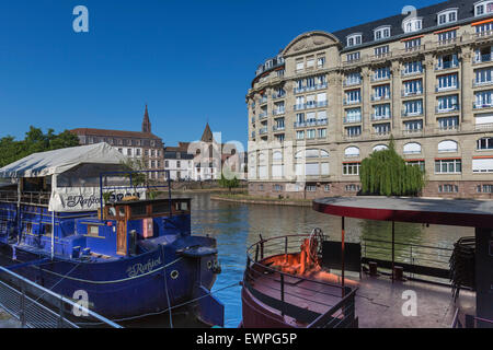 Boats on Ill river, Strasbourg, Alsace, France Stock Photo