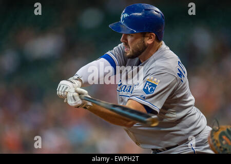 Houston, TX, USA. 29th June, 2015. Kansas City Royals third baseman Mike Moustakas (8) bats during the 3rd inning of a Major League Baseball game between the Houston Astros and the Kansas City Royals at Minute Maid Park in Houston, TX. Trask Smith/CSM/Alamy Live News Stock Photo