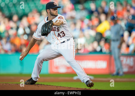 Houston, TX, USA. 29th June, 2015. Houston Astros starting pitcher Lance McCullers (43) pitches during the 1st inning of a Major League Baseball game between the Houston Astros and the Kansas City Royals at Minute Maid Park in Houston, TX. Trask Smith/CSM/Alamy Live News Stock Photo