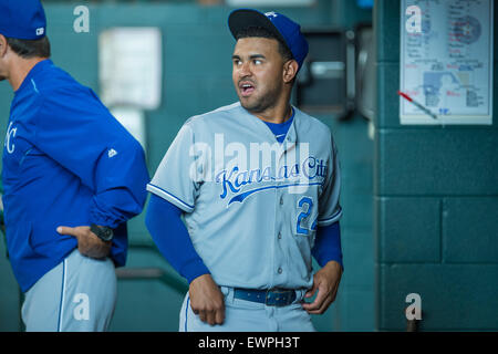 Houston, TX, USA. 29th June, 2015. Kansas City Royals shortstop Christian Colon (24) stands in the dugout prior to a Major League Baseball game between the Houston Astros and the Kansas City Royals at Minute Maid Park in Houston, TX. Trask Smith/CSM/Alamy Live News Stock Photo