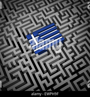 Greece crisis or Greek debt crisis and austerity management concept as the blue and white flag inside a complicated maze or labyrinth as an Athens financial metaphor for European economic social issues. Stock Photo