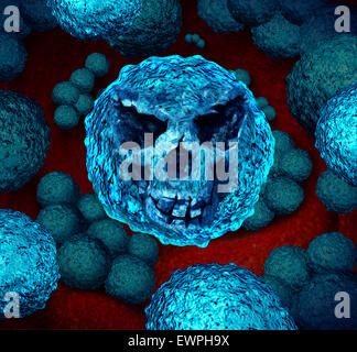 Superbug danger concept as a killer bacteria shaped as a death skull face as a symbol for MRSA medical healthcare risk and antimicrobial resistance health hazard icon as a bacterium infection inside the human body. Stock Photo