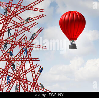 New strategy and independent thinker symbol and new innovative thinking leadership concept or individuality as a group of people climbing ladders in confusing directions with one team of employees in a red balloon going up in a clear direction. Stock Photo