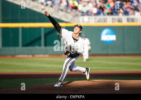 Vanderbilt Commodores starting pitcher Walker Buehler (13) delivers a pitch  to the plate against the TCU Horned Frogs in Game 12 of the NCAA College  World Series on June 19, 2015 at