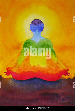 lotus pose yoga with mudra hand, watercolor painting in sunrise, sunset and sky background, abstract aura power, powerful nature Stock Photo