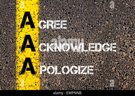 Concept image of Business Acronym AAA as Agree Acknowledge Apologize written over road marking yellow paint line. Stock Photo