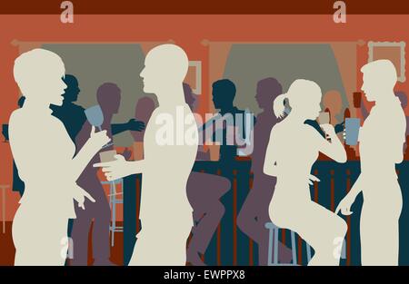 EPS8 editable vector cutout illustration of people drinking in a busy bar Stock Vector