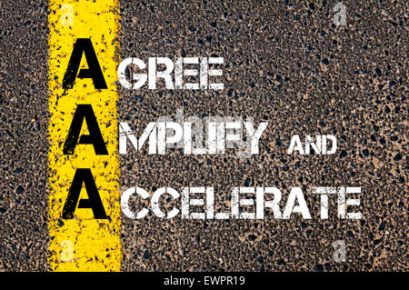 Concept image of Business Acronym AAA as Agree Amplify and Accelerate written over road marking yellow paint line. Stock Photo