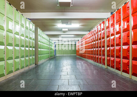 Corridor with lockers in school building to store school supplies Stock Photo
