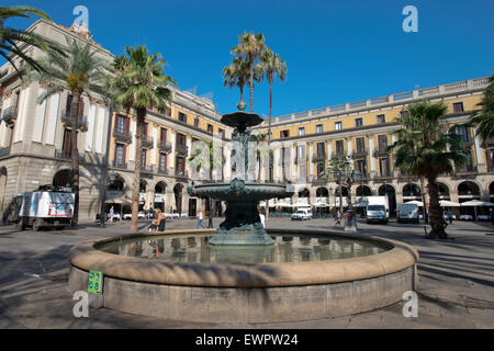 Plaza Real in Barcelona, Catalonia, Spain. On the square, with lanterns designed by Gaudi. Stock Photo