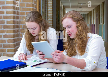 Two caucasian teenage friends studying in long corridor of school building Stock Photo