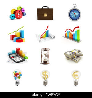 Business icons set consisting of twelve 3D render Stock Photo