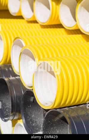 Closeup on corrugated PVC pipes Stock Photo