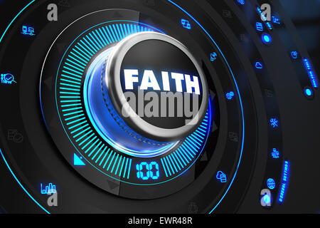 Faith Controller on Black Control Console with Blue Backlight. Improvement, regulation, control or management concept. Stock Photo