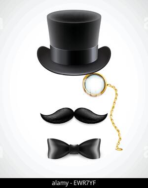 Vintage silhouette of top hat, mustaches, monocle and a bow tie. Vector illustration. Stock Vector