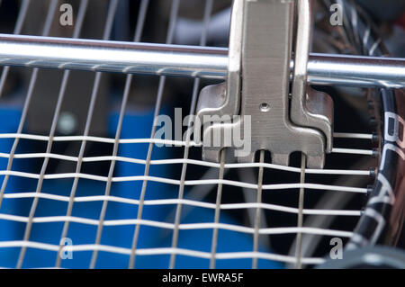 Tennis Racket in Stringing Machine Being Repaired Stock Photo