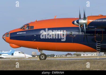Cavok Air Antonov An-12BK nose and cockpit close up. Stock Photo