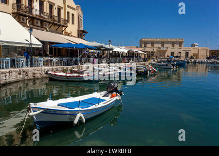 Old Venetian port with small fishing boats, Rethymno, Crete, Greece Stock Photo