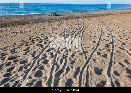 Beach of Rethymno, Crete, Greece, Traces in the sand on the deserted beach Stock Photo