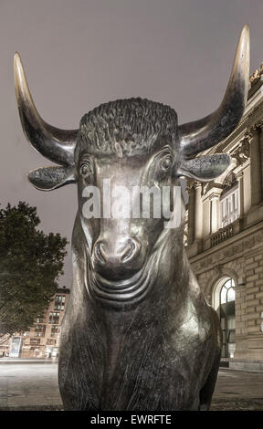 Germany, Frankfurt, bull  in front of stock exchange,  , twilight Stock Photo