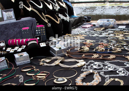Costume jewelry shop in open air market Rota, Spain Stock Photo