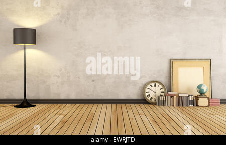 Vintage room with black lamp and vintage objects on wooden floor - 3D Rendering Stock Photo