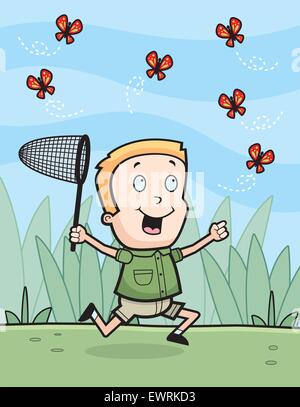 A happy cartoon boy chasing butterflies with a net. Stock Vector