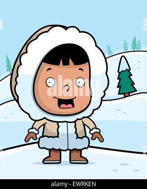 A happy cartoon eskimo child in the snow. Stock Vector