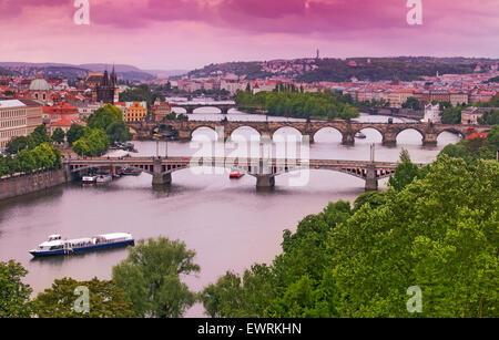 Beautiful Panoramic View of Prague Bridges on River Vltava from Letna Park Stock Photo