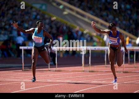 Dawn HARPER-NELSON & Tiffany PORTER Women's 100m Hurdles, IAAF Diamond League 2015, Alexander Stadium, Birmingham, UK, 7th June 2015. Stock Photo