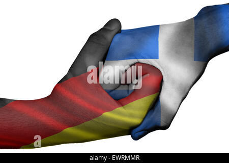 Diplomatic handshake between countries: flags of Germany and Greece overprinted the two hands Stock Photo