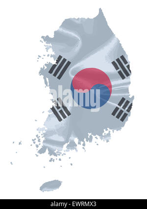 The flag of South Korea with silk effect as a map cutout Stock Photo