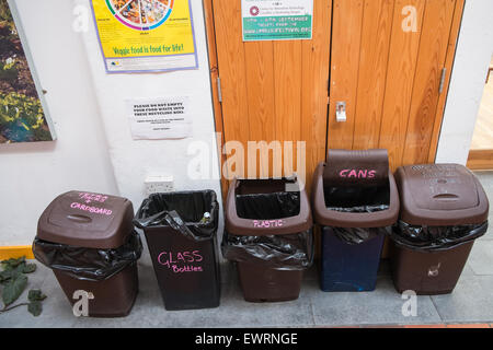 Recycling system at Solar panel roof Restaurant at CAT,Machynlleth,Powys,Wales,MacMacMachynlleth,Powys,Wales, Stock Photo