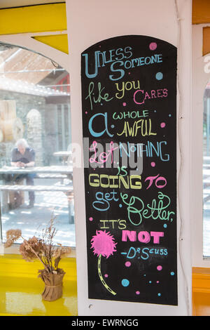 Dr Seuss sign at Solar panel roof Restaurant at CAT,Machynlleth,Powys,Wales,Machynlleth,Powys,Wales,Machynlleth,Powys,Wales, Stock Photo