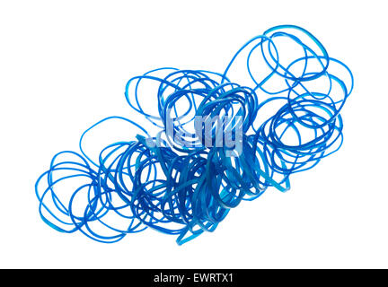 A group of small blue rubber bands used for hair ponytails on a white background. Stock Photo