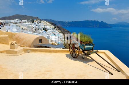 A lavender cart displayed on a rooftop in the village of Oia Santorini Greece Stock Photo