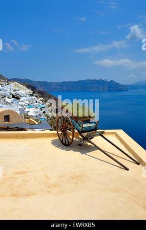 A lavender cart displayed on a rooftop in the village of Oia Santorini Greece Stock Photo