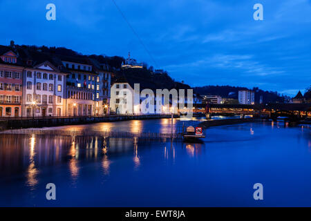 Spreuer Bridge (Spreuerbrücke) - the longest wooden covered bridge in Europe. Seen at sunrise. Lucerne, Switzerland Stock Photo