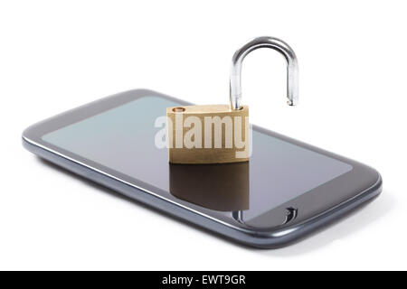 Phone with put unlocked padlock on it isolated on white background Stock Photo