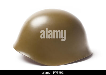 Metal military helmet painted in green color isolated on white background. The object is with a clipping path. Stock Photo