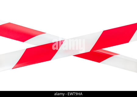 Two crossed red and white tapes isolated on white background. This kind of tapes are using to mark and prevent from dangerous or risks. Stock Photo