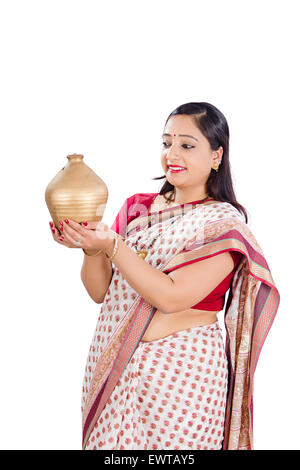 1 indian Woman Saving Money Piggy Bank Stock Photo