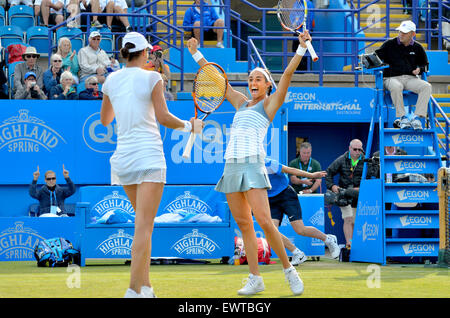 Caroline Garcia (r) and Katarina Srebotnik (l), winners of the Aegon International Doubles trophy at Eastbourne, 2015 Stock Photo