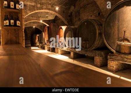 Wine cellar with old wooden barrels, Abbazia di Monte Oliveto Maggiore, Tuscany, Italy Stock Photo